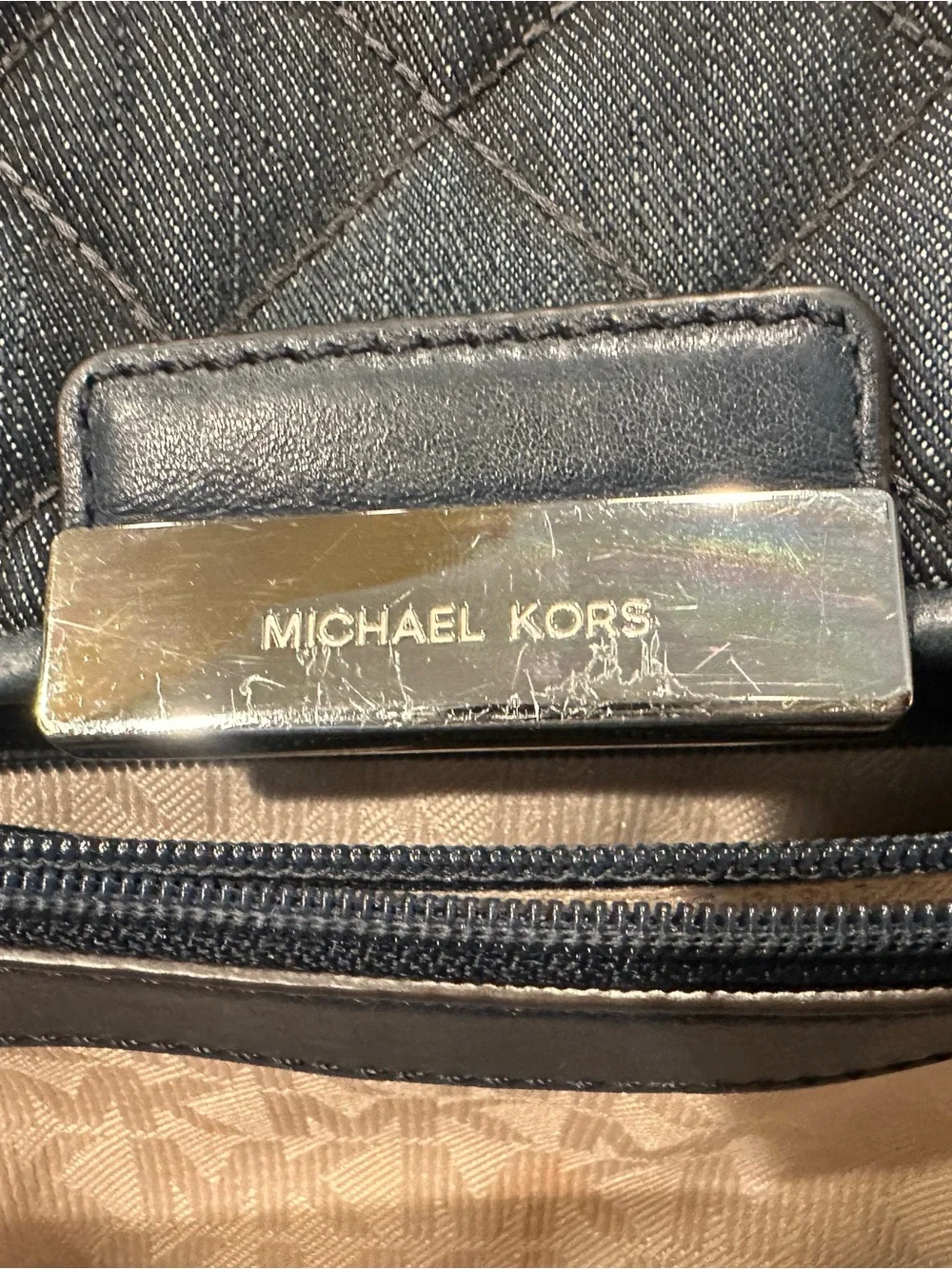 Michael Kors Sloan Large Quilted Denim Shoulder Bag with Silver Chain